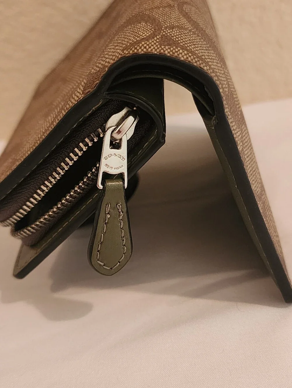 Coach Medium Corner Zip Wallet in Signature Canvas with Sage Leather Trim